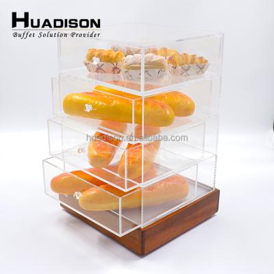 China Huadison Sustainable Rustic Natural Sapele Wood Cake Stand With 4 Tier Acrylic Drawer Bread Dessert Display Stand for sale