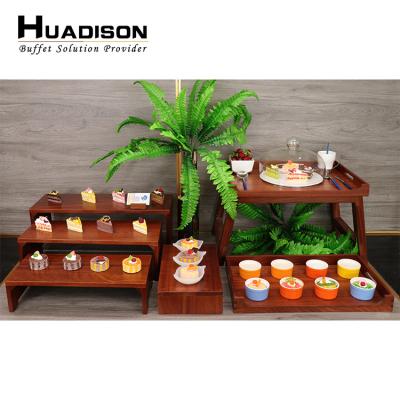 China Huadison Hotel Altitude Rectangle Five Star Viable Wooden Buffet Stand Wooden Buffet Stands Set For Cupcake Cake for sale