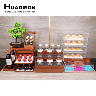 China Home.Restaurant.Bar.Hotel.Wedding Huadison Banquet Wedding Supply Acrylic Cake Stands Set Cake Tools Wooden Rack For Banquet for sale