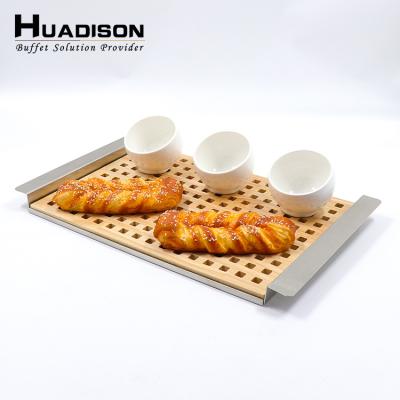 China Home.Restaurant.Bar.Hotel.Wedding Huadison High Quality Indian Serving Trays Rectangle Luxury Wood Serving Tray With Stainless Steel Base for sale