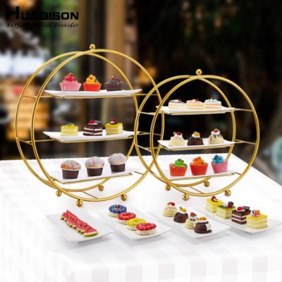 China Huadison Factory Price Sustainable Luxury Gold Cake Stand Buffet Wedding Stainless Steel Cake Stand With Ceramic Dishes for sale