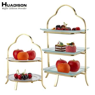 China Luxury Tiered Huadison Hotel Wedding Buffet Stand Stainless Steel Cake Stand Stand With Glass/Ceramic Dishes for sale