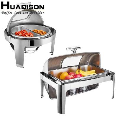 China Best Selling High Quality Modern Desgin Huadison Roll Top Stainless Steel Chafing Dish Glass Buffet Set For Hotel for sale