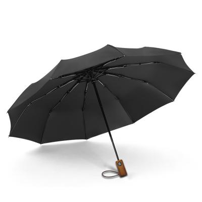 China Retro Small Business Modern Automatic Black Coating Umbrella With Wooden Handle for sale