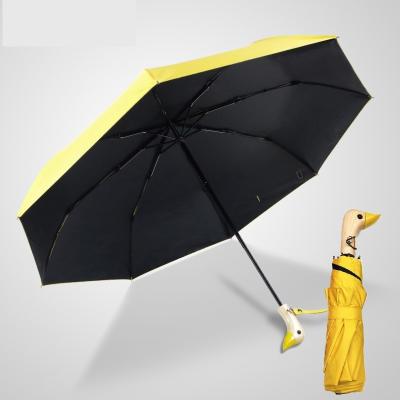 China Modern Cute Duck Head Handle 3 Fold Wooden Anti UV Sun Umbrella For Women for sale