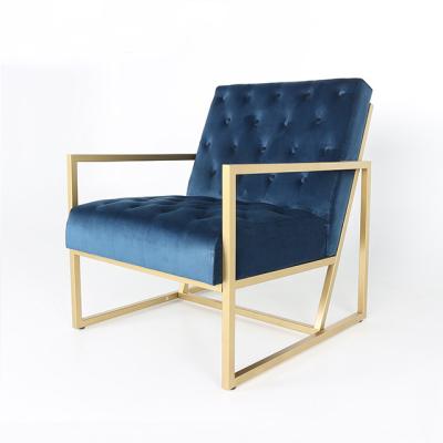 China Blue Velvet Back Frame Leisure Chair Metal Top Design Tufted Armchair for sale