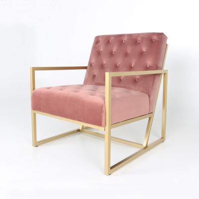 China Leisure Chair Gold Metal Frame Rose Velvet Tufted High Back Lounge Armchair for sale