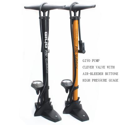 China Steel GIYO BICYCLE FLOOR PUMP WITH TIRE HIGH PRESSURE PUMP SMART PRESSURE GAUGE BICYCLE VALVE WITH AIR-BLEEDER BUTTON OEM PUMP for sale