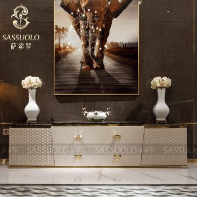 China Living Room Cabinet Sassuolo Leather TV Cabinet Furniture Light Weight Living Room Furniture White Italian Left Modern Metal Customized Color for sale