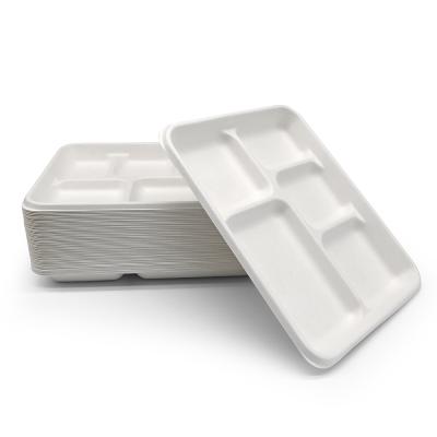 China Compostable Biodegradable Under 90 Day 5 Compartment School Lunch Tray Bagasse Compostable Eco Friendly Paper Dishes Te koop