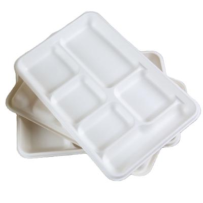 China Within 90 Days Sugarcane Biodegradable Compostable Oven Safe Waterproof 6 Compartment Disposable White Fast Food Lunch Trays for sale