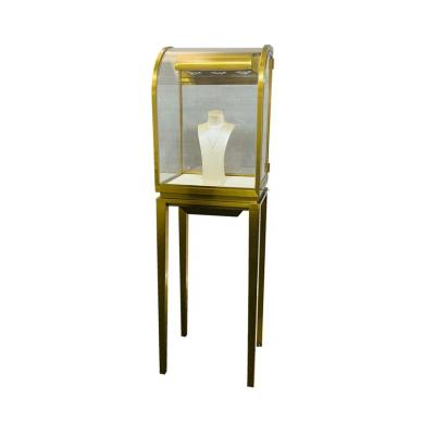 China Modern / Luxury Custom Simple Modern Gold Metal Stainless Steel Free Standing Glass Jewelry Display Cases With Locking System for sale