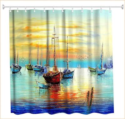 China Sustainable Nice Different Sea Boat Design Digital Printing Shower Curtain for sale