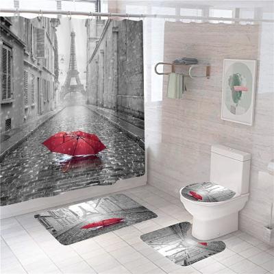 China Flannel 4pcs Fashionable Anti-slip Printed Flannel Eiffel Tower Bathroom Bath Matching Set for sale