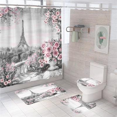 China Sustainable Fashionable Anti-Slip Printed Shower Curtain And Bath Cover Set for sale