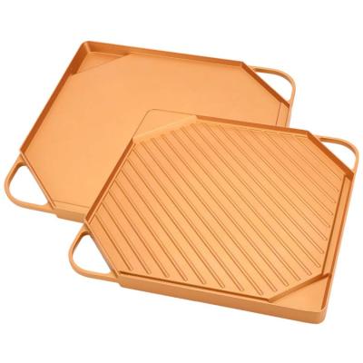 China Durable Copper Color Aluminum Die Cast BBQ Non-Stick Grill Pan for sale