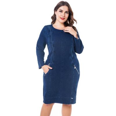 China Autumn Ladies Plus Size Denim Anti-Static Dress For Women Casual Dress Round Neck Pockets Elegant Women Dress With Zipper for sale