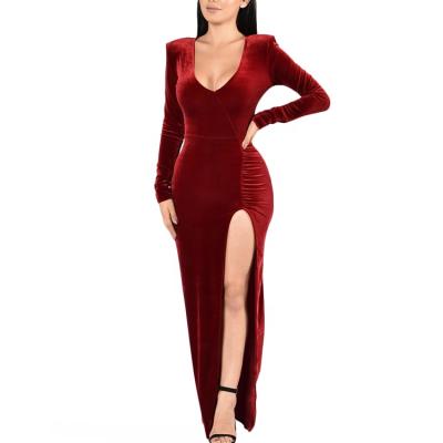 China Anti-Static Sexy Deep V Neck Side Split Retro Elastic Velvet Dresses Plus Size Women's Dress Long Sleeves for sale