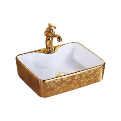 China Bathroom Sink Easy Clean Wash Basin Above Counter Basin Sink European Ceramic Art Basin Gold Wash Basin Square for sale