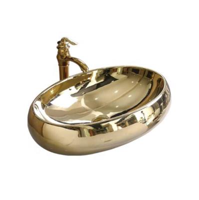 China Hot Selling Easy Clean Gold Pattern Ceramic Bathroom Sink Oval Wash Hand Basin for sale