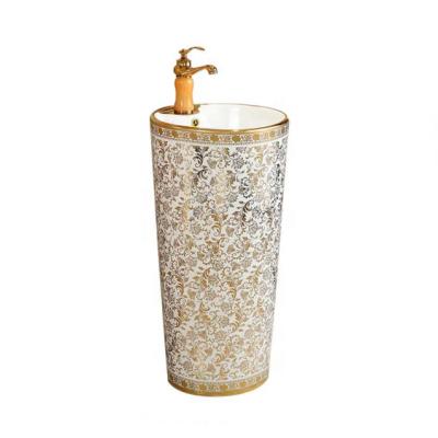 China Easy Clean Luxury Design Cylindrical Pedestal Wash Basin Sink / Gold Ceramic Sink With Stand for sale