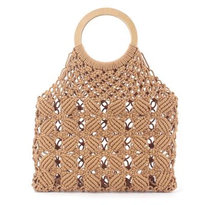 China Handmadde Fashion Cotton Hollow Spill Protector Crochet Net Macrame Handbag Mesh Tote Bag With Round Handle Beach Bag For Women Ladies for sale