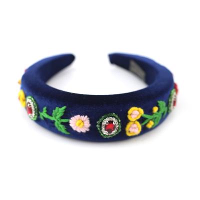 China Latest Design Handmadde Crochet 3D Handmade Embroidery Bold Crystal Colorful Flower Blue Velvet Fabric Headband for sale