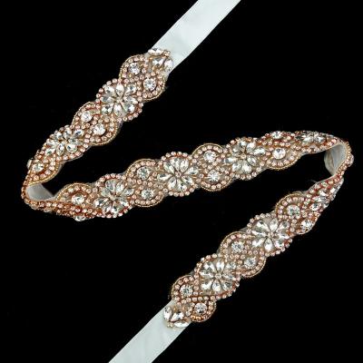 China Classic Design Handmade Stunning 2cm Rose Gold Rhinestone Bridal Dress Sash Crystal Wedding Sash for sale