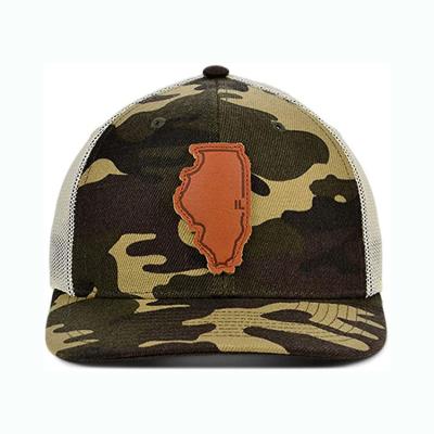 China Character Design Cheap Custom Design Short Brim 6 Panel Mesh Map Leather Patch Camo Trucker Baseball Cap Hats for sale