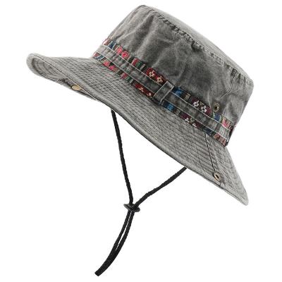 China European and American style hot sale plain washed denim bucket hat with string unisex outdoor fishermen bucket hats UPF 50+ for sale