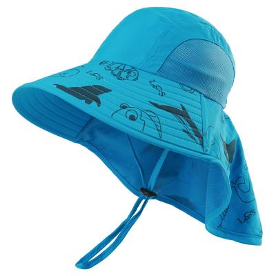 China Custom Character Wholsales UPF 50+ Big Brim Bucket Waterproof Waterproof Hat For Kids Children Back Wave Beach Sun Hat for sale