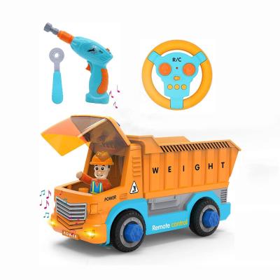 China RC Hobby Cartoon Car 2.4G 2CH DIY Radio Control Toy Tipper Truck RC Engineering Educational Truck with Sound and Light for sale