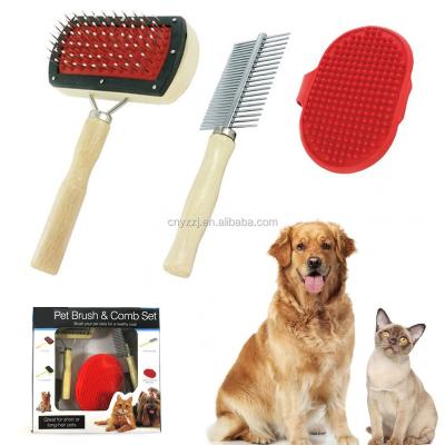 China Sustainable Pet Grooming 3 PC Dog Set Kit Pet Beard Brush And Hair Brush Comb With Wooden Handle for sale