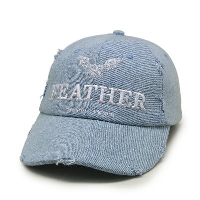 China JOINT Factory Custom Design Lightweight 6 Panel Curved Brim Denim Distressed Dad Hat for sale