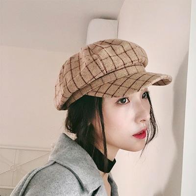 China Fashion New Autumn Winter Cotton Custom Logo Checked Hat Checked Wool Printer Stock Retro Beret Hat Women for sale