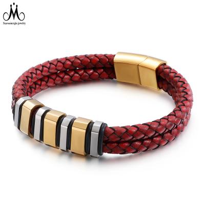 China Stylish Red Leather Magnetic Clasp Double Chain Bracelet Leather Bangle Bracelet For Men for sale