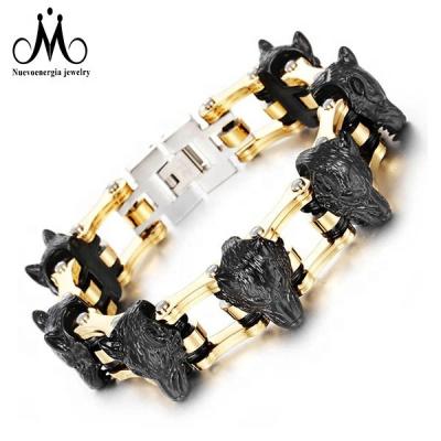 China Black Stainless Steel Jewelry Wolf Head Cuff Bracelet Men Trendy Punk Silver Gold Bike Chain for sale