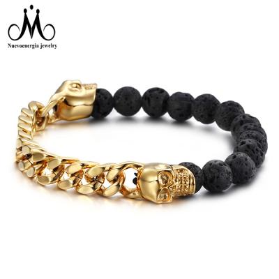 China Stainless Steel Lava Bead Bracelet Men Jewelry Hip Hop Stainless Steel Gold Skull for sale