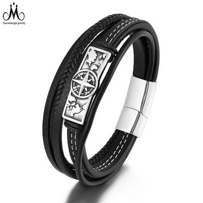 China CLASSIC Men Wrap Bracelet Leather Stainless Steel Charm Bracelet Magnet Clasp Bangle Male Leather Cuff Bracelet for sale