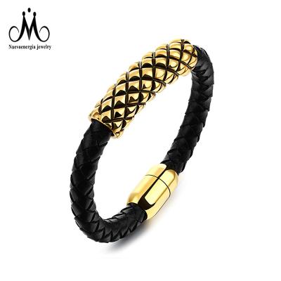 China Leather & new designs stainless steel gold cuff plating braided leather bracelet for men for sale