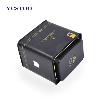 China Recyclable Custom Black Metal Cookies Tea Coffee Tin Can Sealed High Quality Packing Box for sale