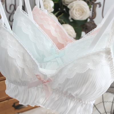 China Japanese pure color QUICK DRY milk silk thin cup no rims lace removable bikini bra set for sale