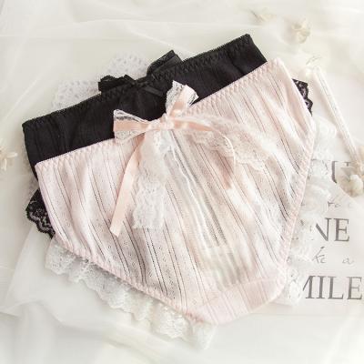 China Antibacterial Japanese Pure Color Cloud Jacquard Cotton Soft Breathable Lace With Wave Bow In Middle Waistband Hip Panties for sale