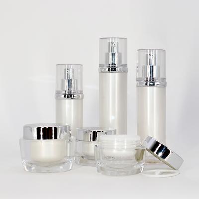 China BEAUTY PACKAGING factory OEM luxury acrylic high level pump skin care lotion bottle and jar set for sale