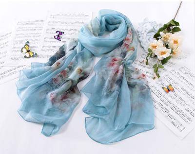 China Funky Blue Floral Ladies Silk Neck Scarves , Static Resistant Silk Chiffon Scarves for sale