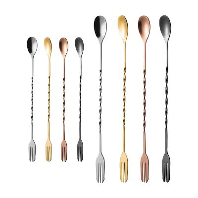 China Viable Stainless Steel-Copper Gold Cocktail Stirrer Bar Spoon Long Direction Mixing Fork For Bartender Kits for sale