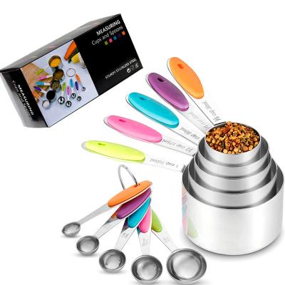 China Large Scale Seasoning Mixing Sets Eco Stainless Steel Cake Viable Colored Tea Coffee Measuring Cup And Spoon With Silicone Handl for sale