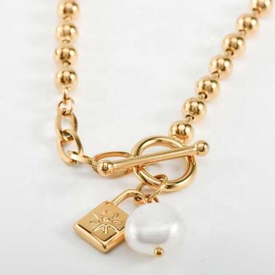 China New Trendy Hiphop 18K Gold Plated Stainless Steel Jewelry Charm Freshwater Pearl Necklace For Women for sale