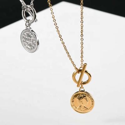 China Luxury Cool Wind 18K Gold Plating Retro Gold Coin Portrait Light Fashionable Necklace Clavicle Chain OT Buckle For Women for sale