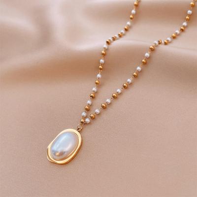 China Office / Limited Geometric Statement Pendant Necklace Fashionable Stainless Steel Pearl Necklaces Stainless Steel Gold for sale